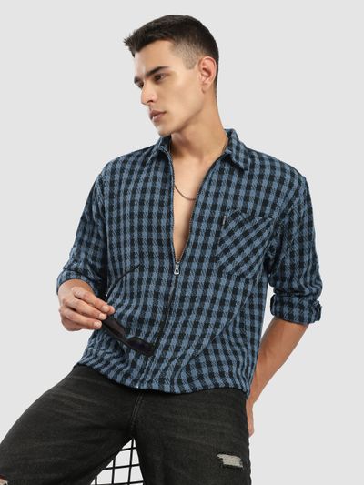 Blue Zipper Cotton Flannel Shacket