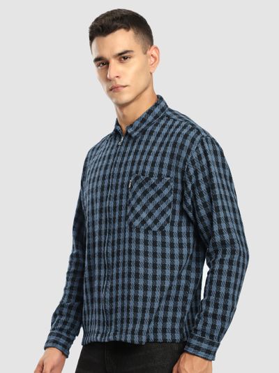 Blue Zipper Cotton Flannel Shacket