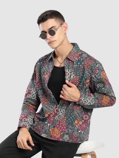 Green Paisley Printed Zipper Shacket