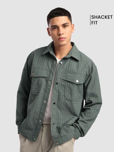 Greyish Green Block Textured Shacket heavy shacket for men online,