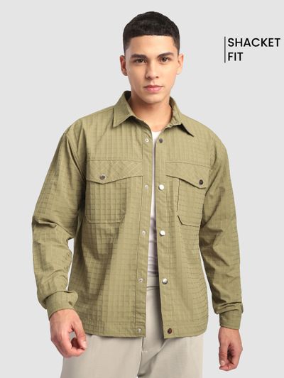 Pale Olive Block Textured Shacket textured shacket for men online,