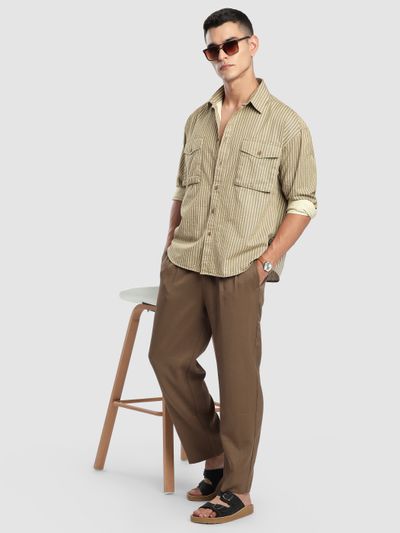 Sand Brown Herringbone Striped Shacket