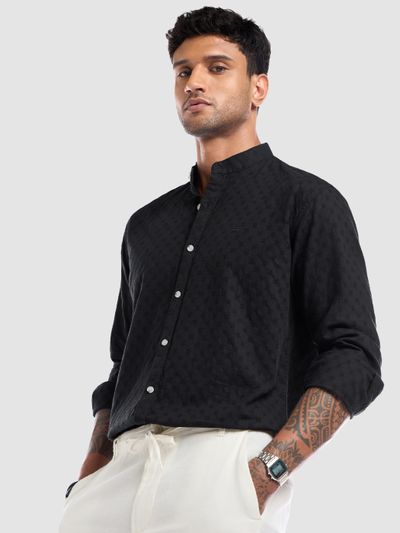 Black Mandarin Collar Shirt For Men Men's Shirts,