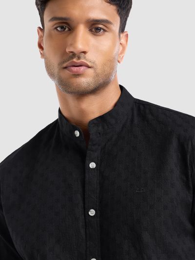 Black Mandarin Collar Shirt For Men Brown Window Checks Shirt For Men