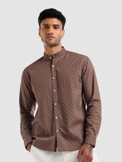 Brown Mandarin Collar Shirt For Men Brown Mandarin Collar Shirt For Men