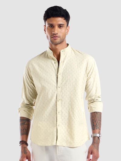 Cream Mandarin Collar Shirt For Men Cream Mandarin Collar Shirt For Men