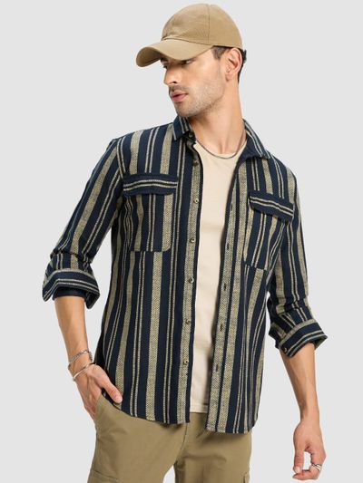 Navy Blue and Beige Striped Shirt Navy Blue and Beige Striped Urban Shirt for Men