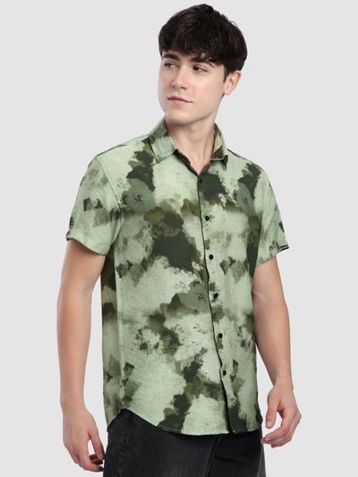 Olive Tie and Dye Printed Shirt