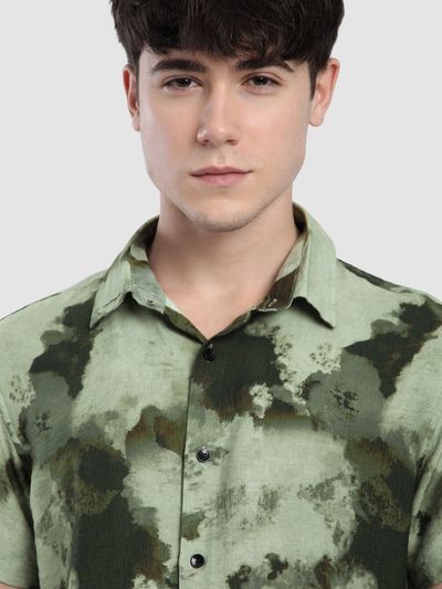 Olive Tie and Dye Printed Shirt