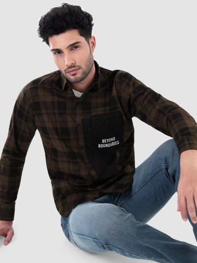 Single Pocket Brown Checked Shirts for Men