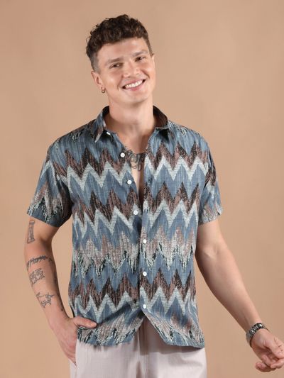 Blue Chevron Half Sleeve Viscose Shirt