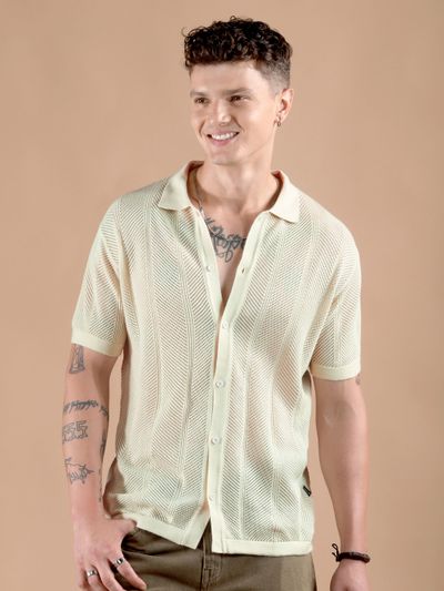 Cream Half-Sleeves Knitted Mens Shirt