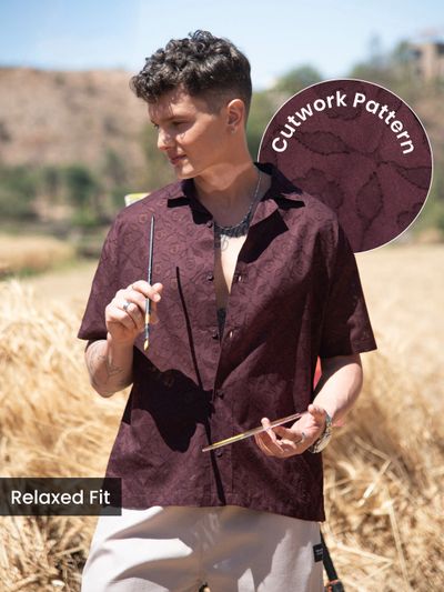 Dark Violet Cutwork Jacquard Cuban Shirt Dark Violet Cutwork Jacquard Cuban Shirt