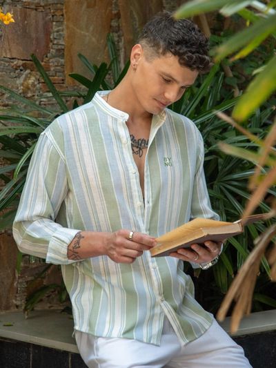 Green And Blue Stripe Mandarin Collar Shirt