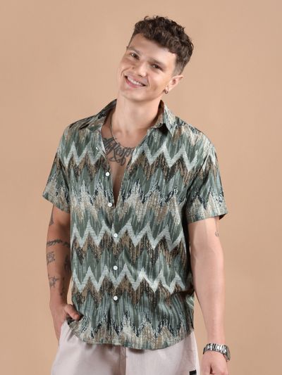Green Chevron Half Sleeve Viscose Shirt