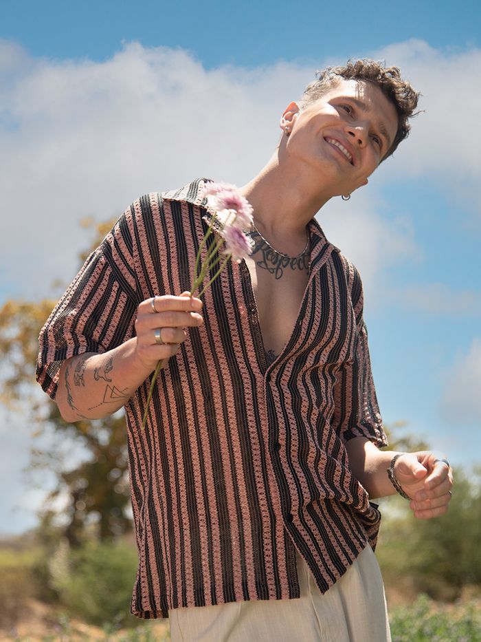 Mauve Stripe Crochet Half-Sleeves Shirt