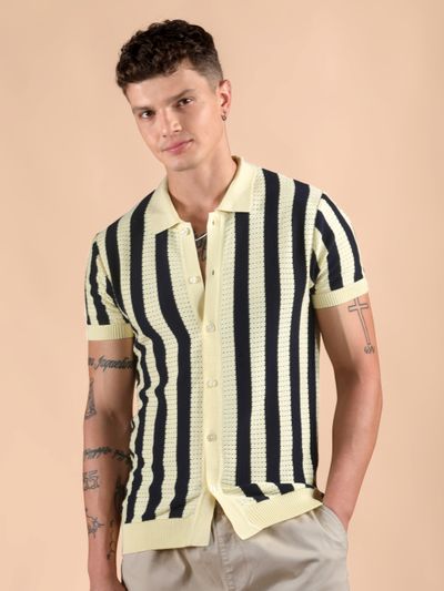 Navy Blue Striped Flat Knit Shirt