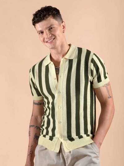 Olive Green Striped Flat Knit Shirt