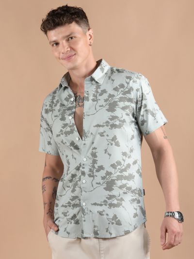 Pale Green Flora Half Sleeve Viscose Shirt