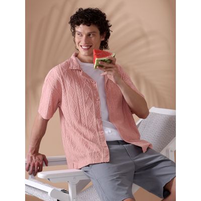 Buy Rose Pink Crochet Half-Sleeves Shirt for Men Online in