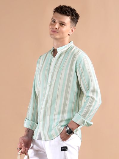 Soft Aqua Stripe Mandarin Collar Shirt