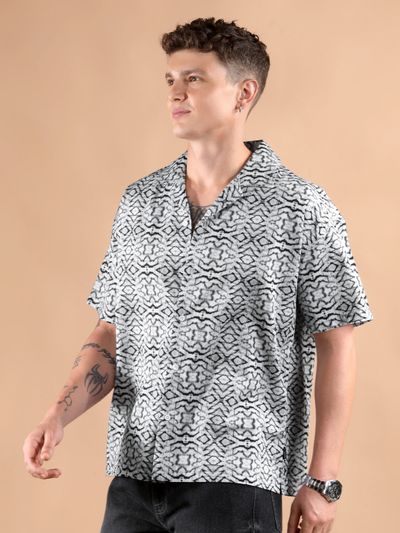 White and Black Printed Cuban Shirt