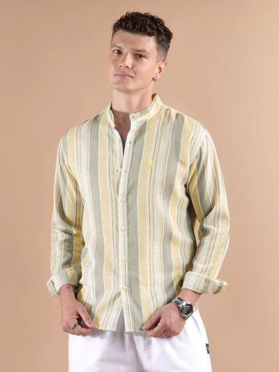 Yellow And Grey Stripe Mandarin Collar Shirt Yellow And Grey Stripe Mandarin Collar Shirt
