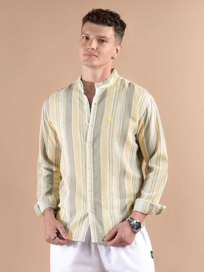 Yellow And Grey Stripe Mandarin Collar Shirt