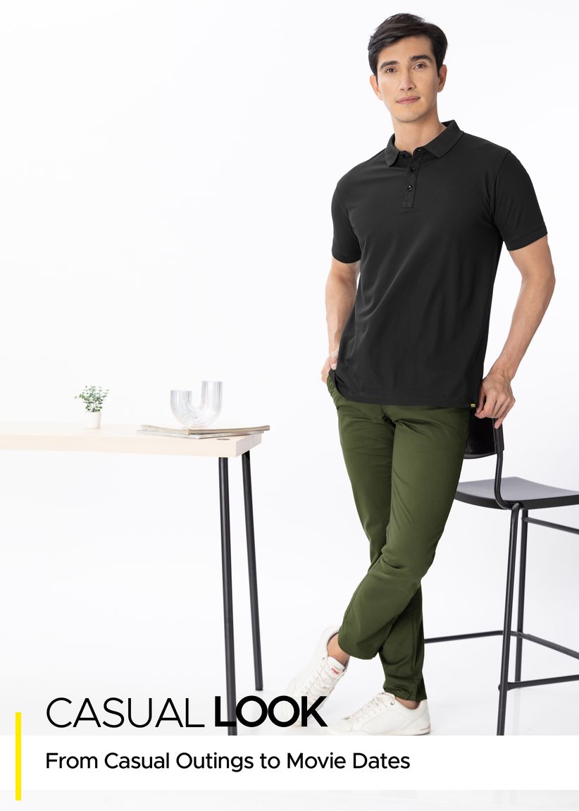 Green chinos black shirt shop