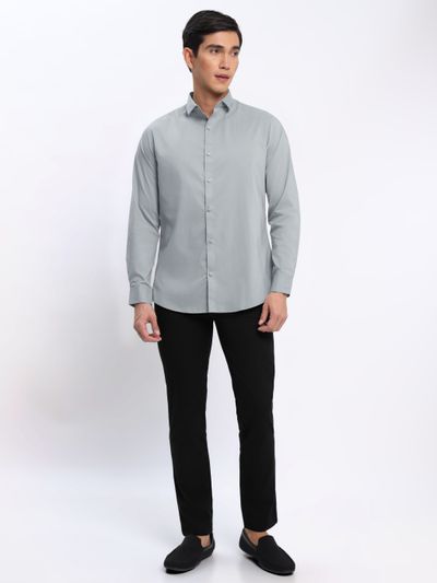 Black shirt and grey chinos shop