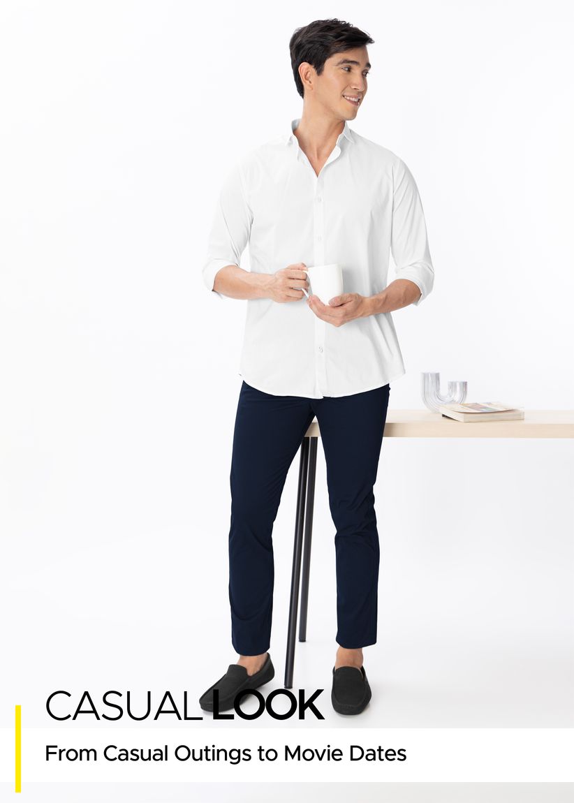 White shirt blue chinos top