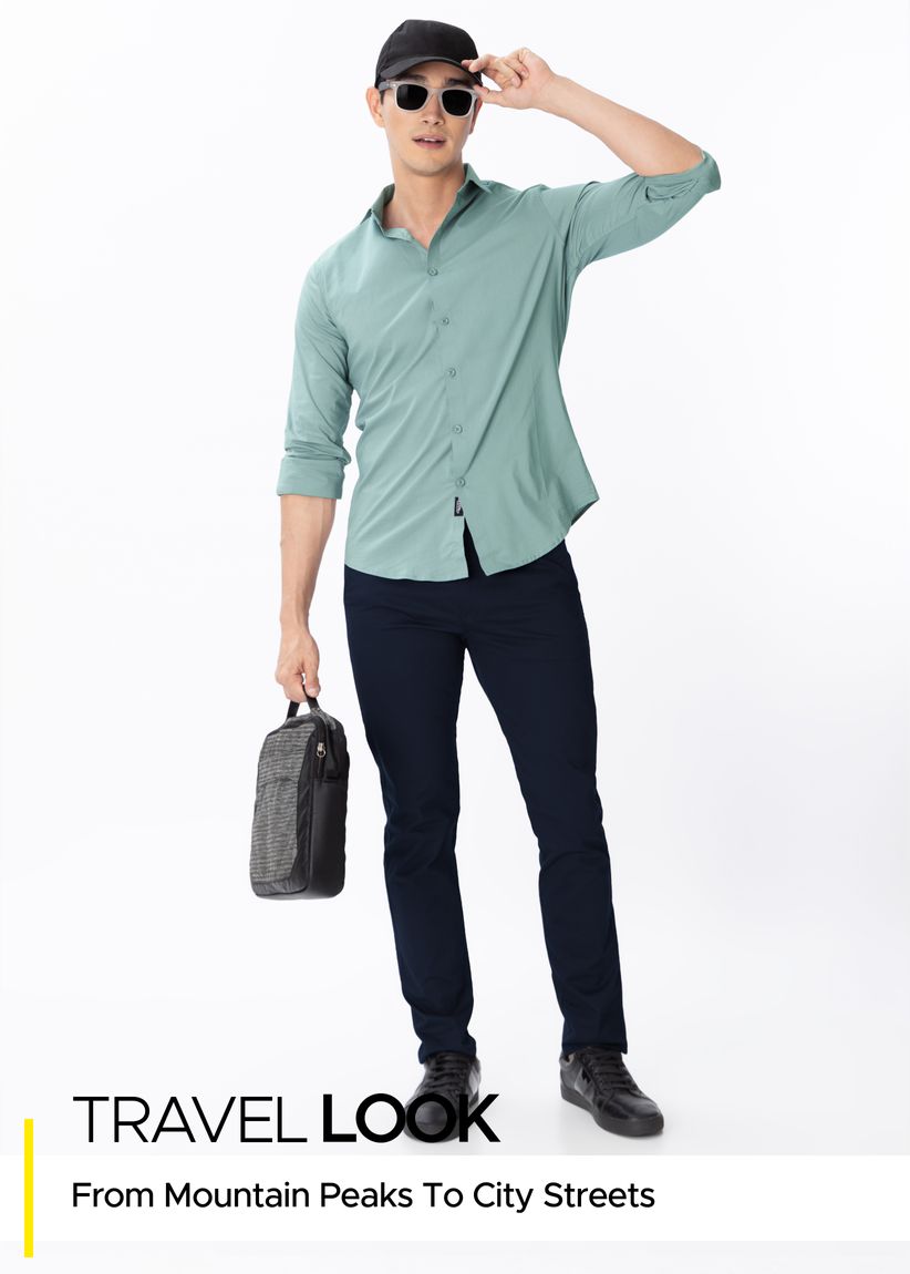 Blue chinos sale green shirt