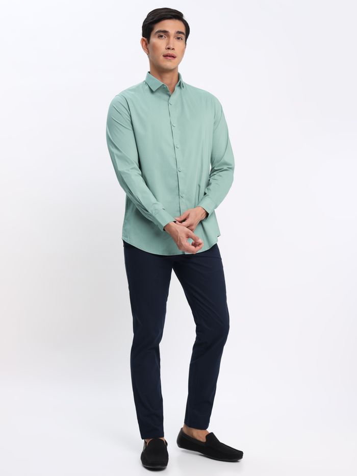 Blue chinos green shirt on sale
