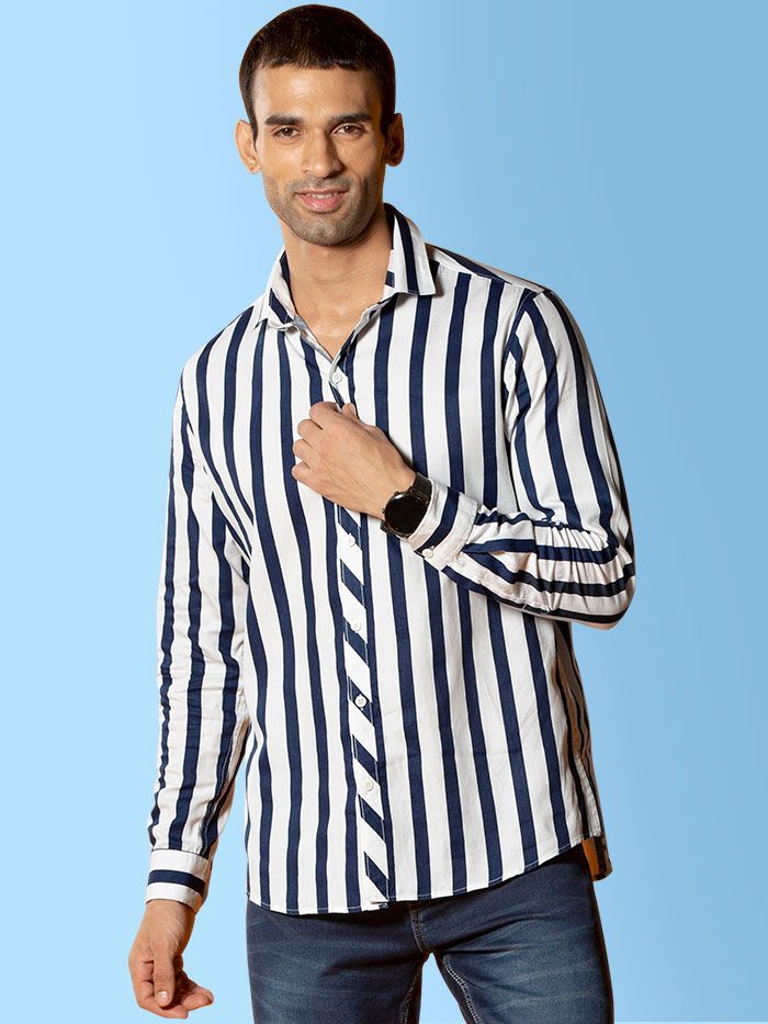 dark blue striped shirt