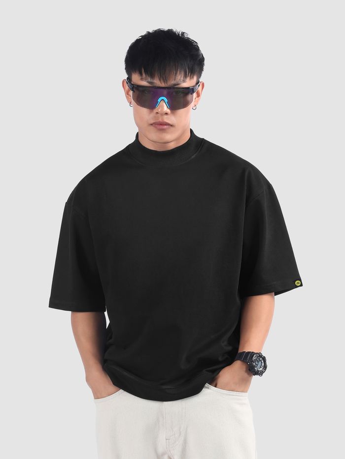 Buy Black Mock Neck Oversized T-Shirt for Men Online in India