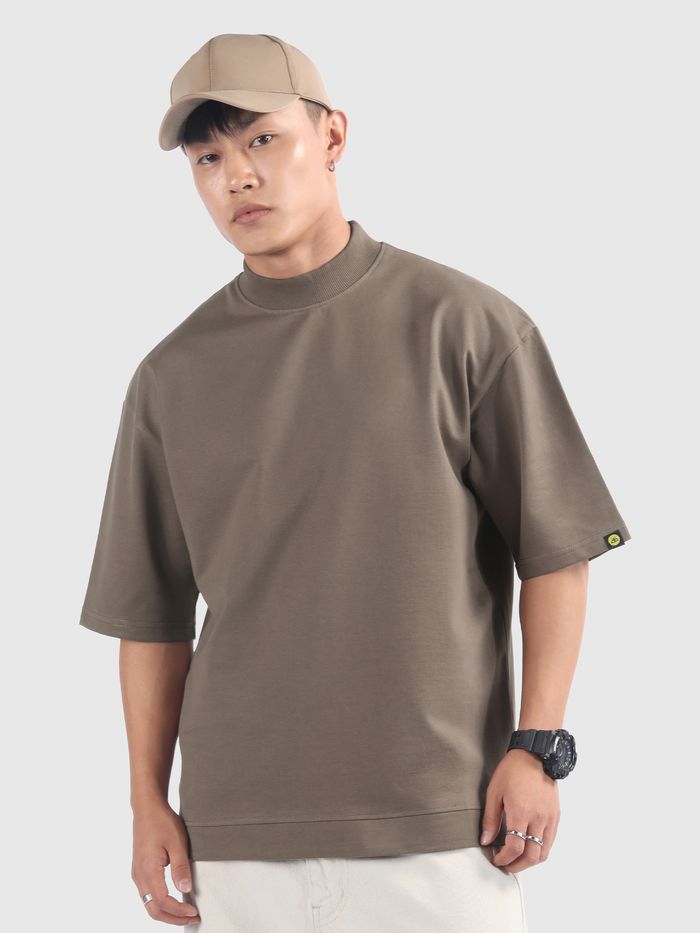 Buy Brown Mock Neck Oversized T-Shirt for Men Online in India