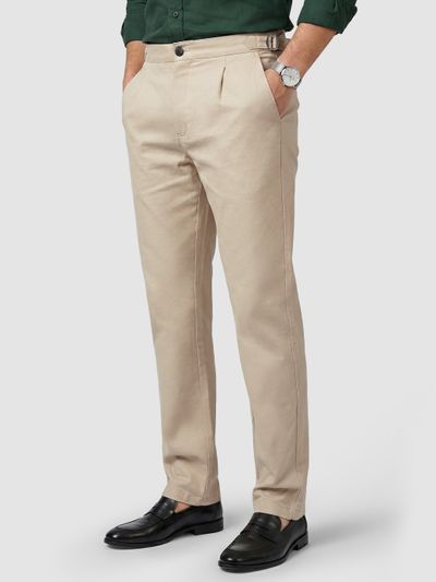 Beige Side-Adjuster Cotton Slub Trousers