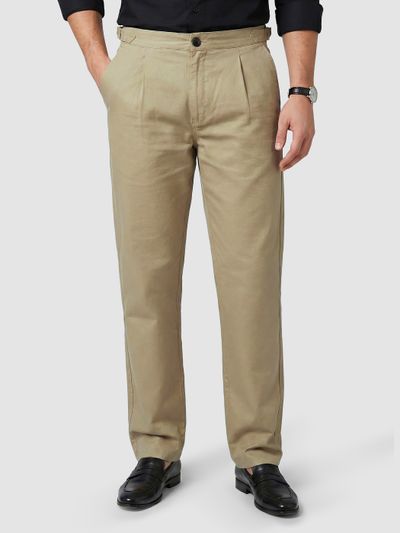 Khaki Side-Adjuster Cotton Slub Trousers