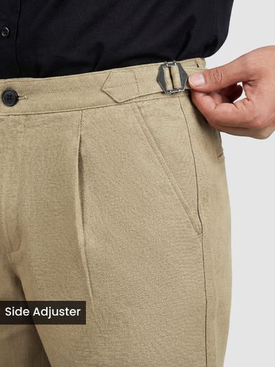 Khaki Side-Adjuster Cotton Slub Trousers