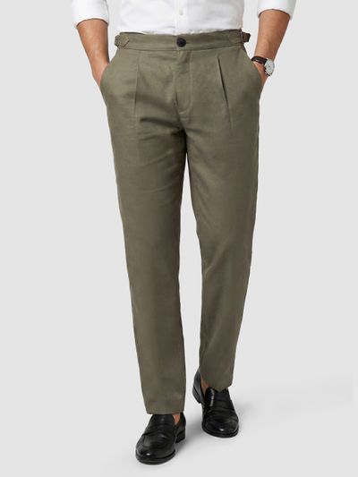 Olive Green Side-Adjuster Cotton Slub Trousers