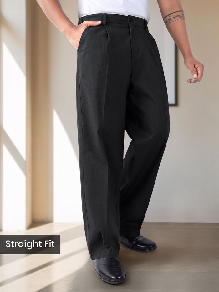Buy Black Cotton Slub Pleated Trousers for Men Online in India