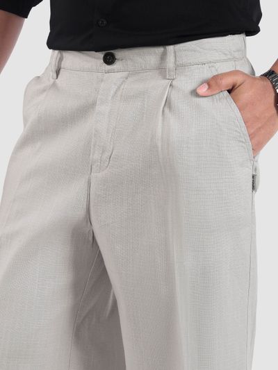 Light Grey Cotton Slub Pleated Trousers