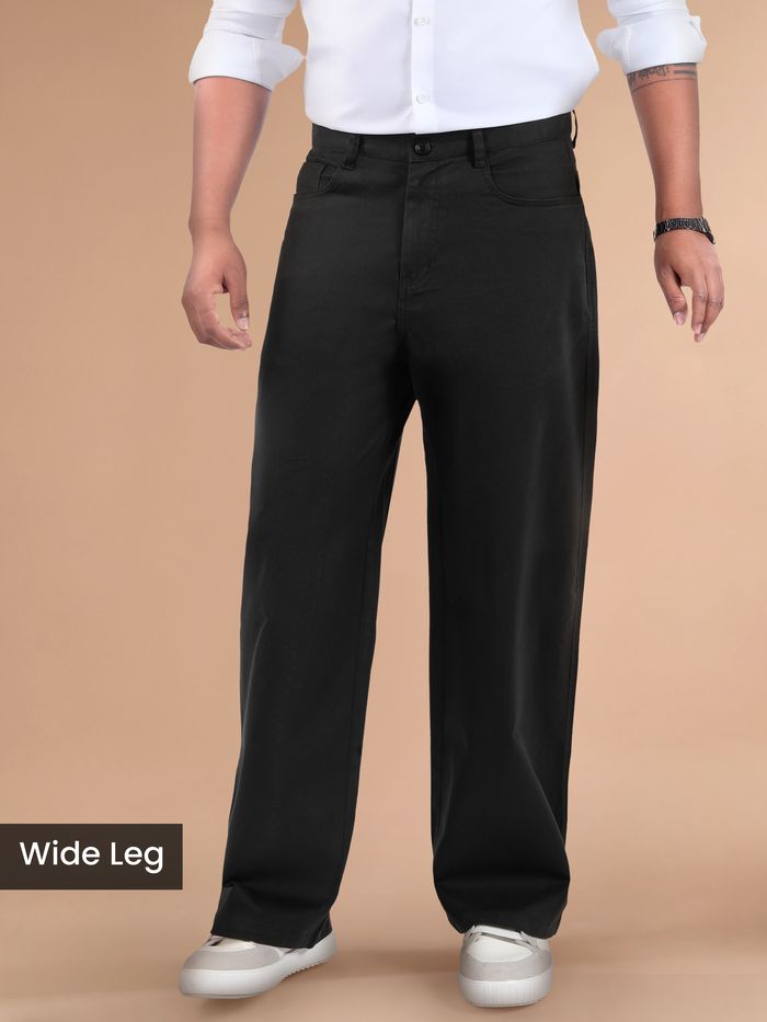 Buy Black Cotton Lycra Wide Leg Trousers for Men Online in India