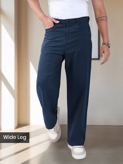 Dark Blue Mid Rise Wide Leg Trousers