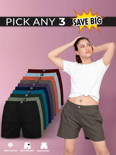 Pick Any 3- Plain Women Boxer Combo Shop Comfortable Bottom Wear For Ladies,