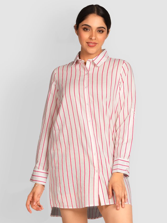 Baby Pink Striped Long Casual Shirts for Women