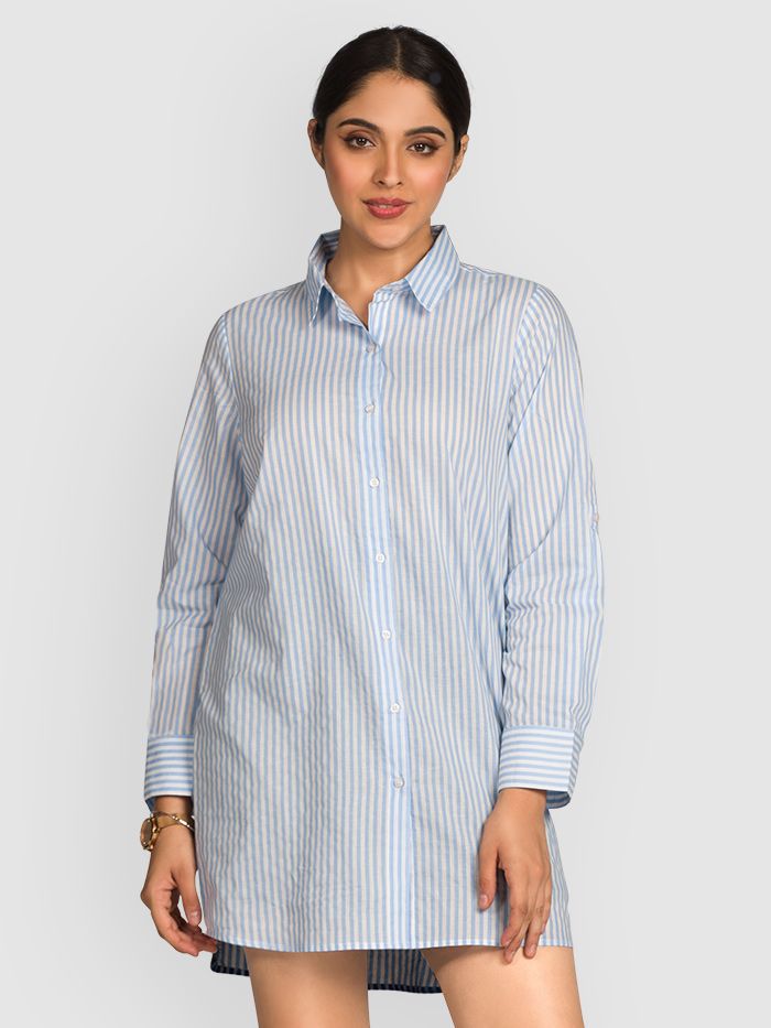 Buy Sky Blue Striped Women Long Shirt Online in India -Beyoung