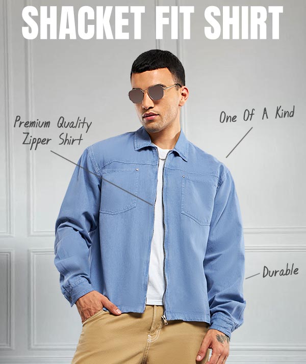 Blue Overdyed Zipper Mens Shacket