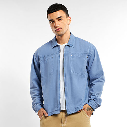 Blue Overdyed Zipper Mens Shacket