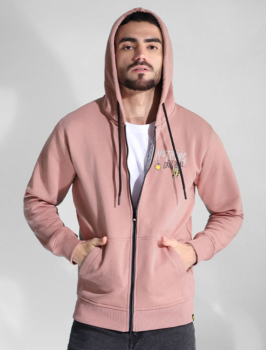Pink Printed Zipper Mens Hoodie